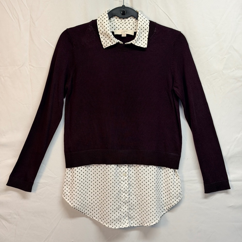 LOFT Twofer Sweater Women XS Purple Layered Look Silk Blend Top Preppy Office